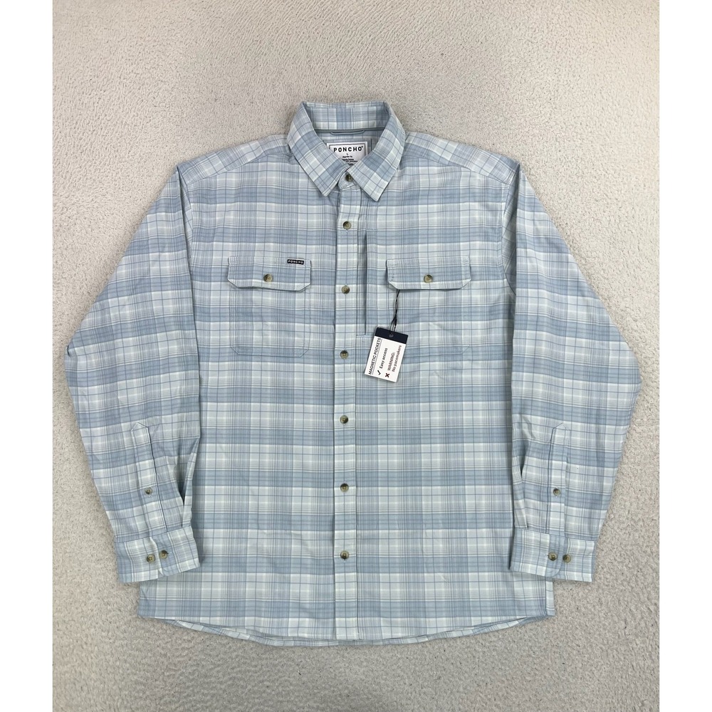 Poncho Shirt Mens Large Blue Plaid Magnetic Pockets Long Sleeve Regular Fit